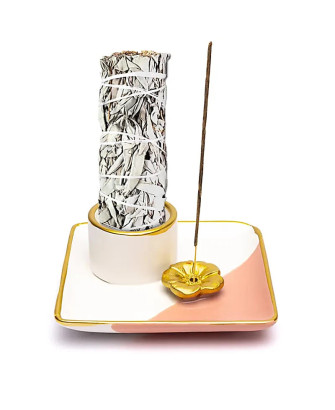 Quemador de cerámica con flor rosa/blanco/dorado Smudge y Incienso