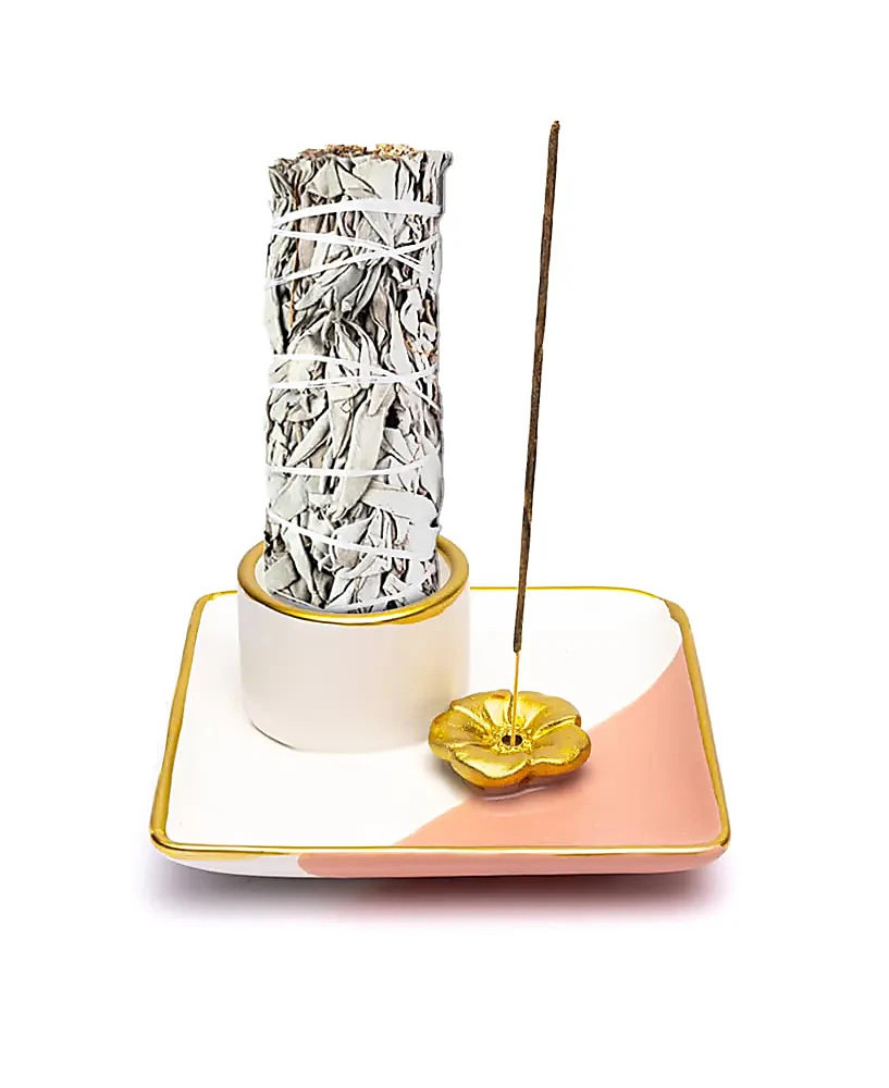 Quemador de cerámica con flor rosa/blanco/dorado Smudge y Incienso