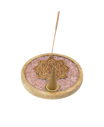 Porta varillas y conos de incienso mandala de cuarzo rosa y madera de 