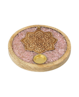Porta varillas y conos de incienso mandala de cuarzo rosa y madera de 