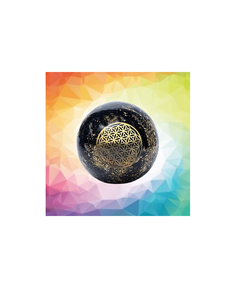 Esfera de Orgonita con Turmalina con Símbolo Flor de la Vida
