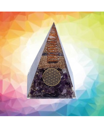 Obelisco de Orgonita de Amatista con Símbolo Flor de la Vida