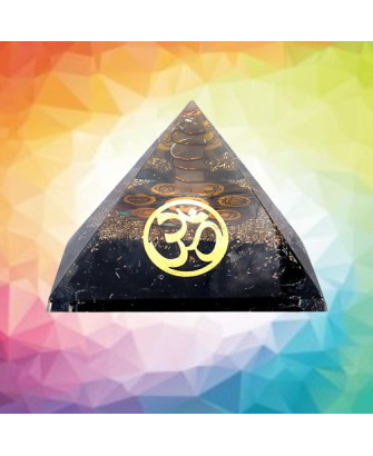 Pirámide de Orgonita con Turmalina Negra y Símbolos de los Chakras y Om