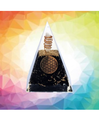 Obelisco Piramide de Orgonita con Turmalina y Símbolo Flor de la Vida