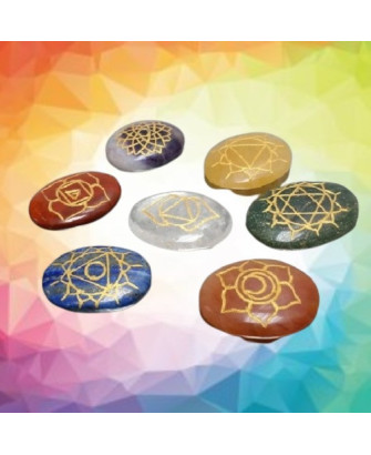 Juego de Piedras Rodadas Planas con los Símbolos de los 7 Chakras