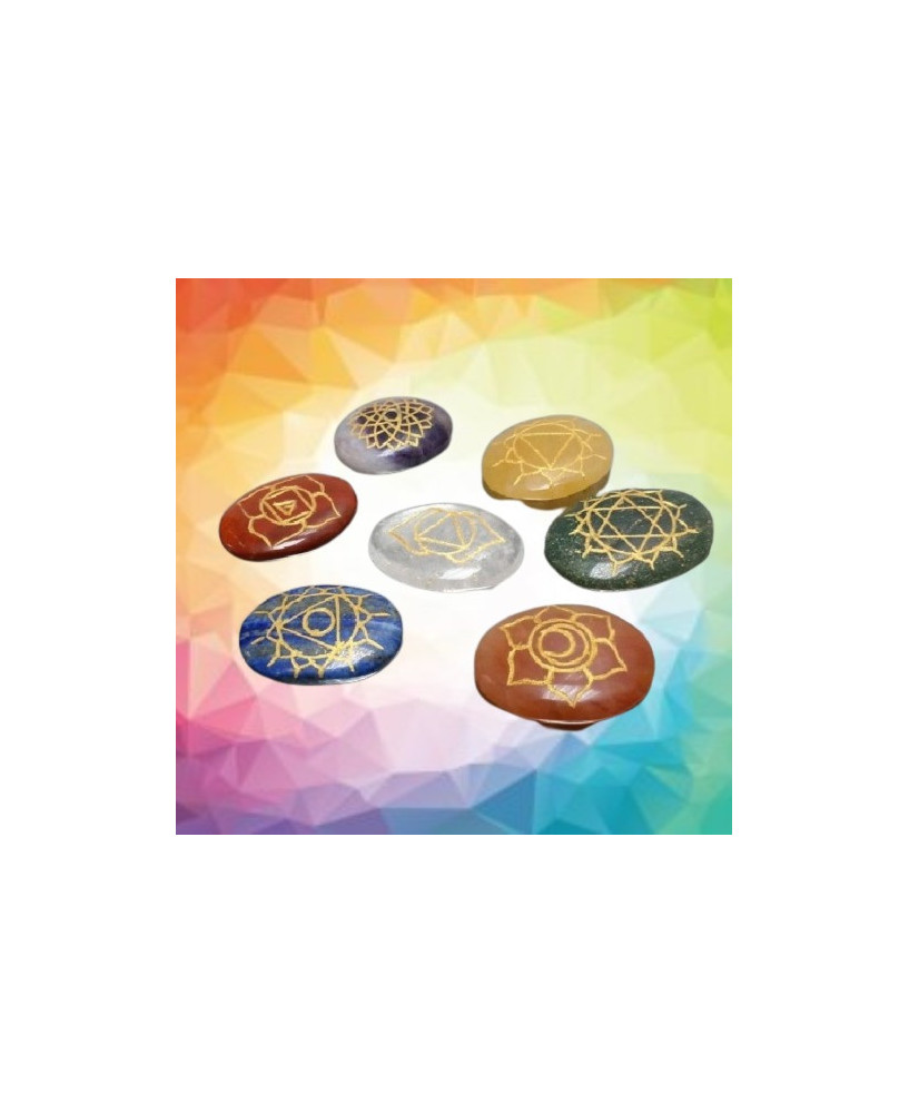 Juego de Piedras Rodadas Planas con los Símbolos de los 7 Chakras
