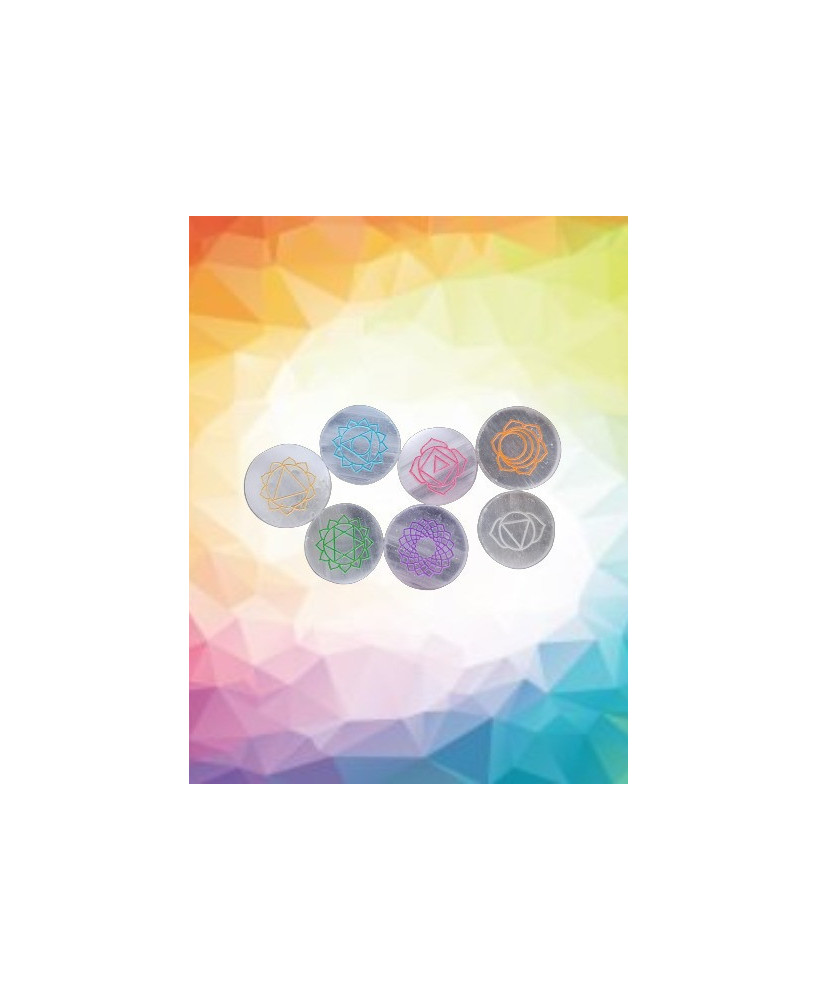 Juego de Selenita con Símbolos de los 7 Chakras